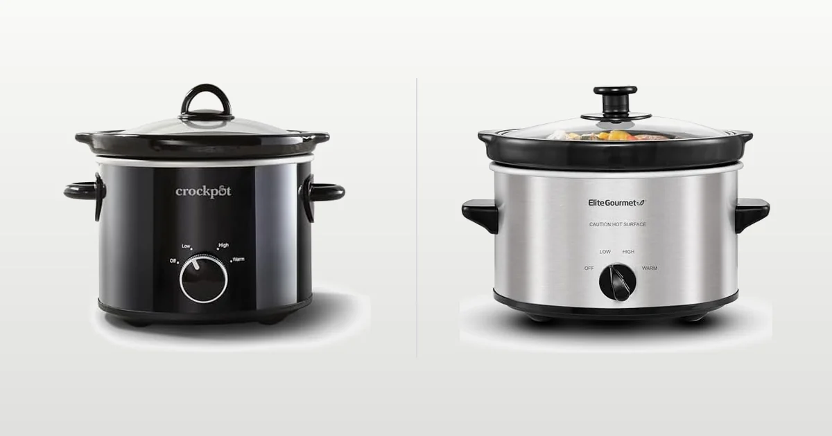 Crock-Pot 2-quart manual slow cooker and Elite Gourmet oval 2-quart slow cooker compared side by side