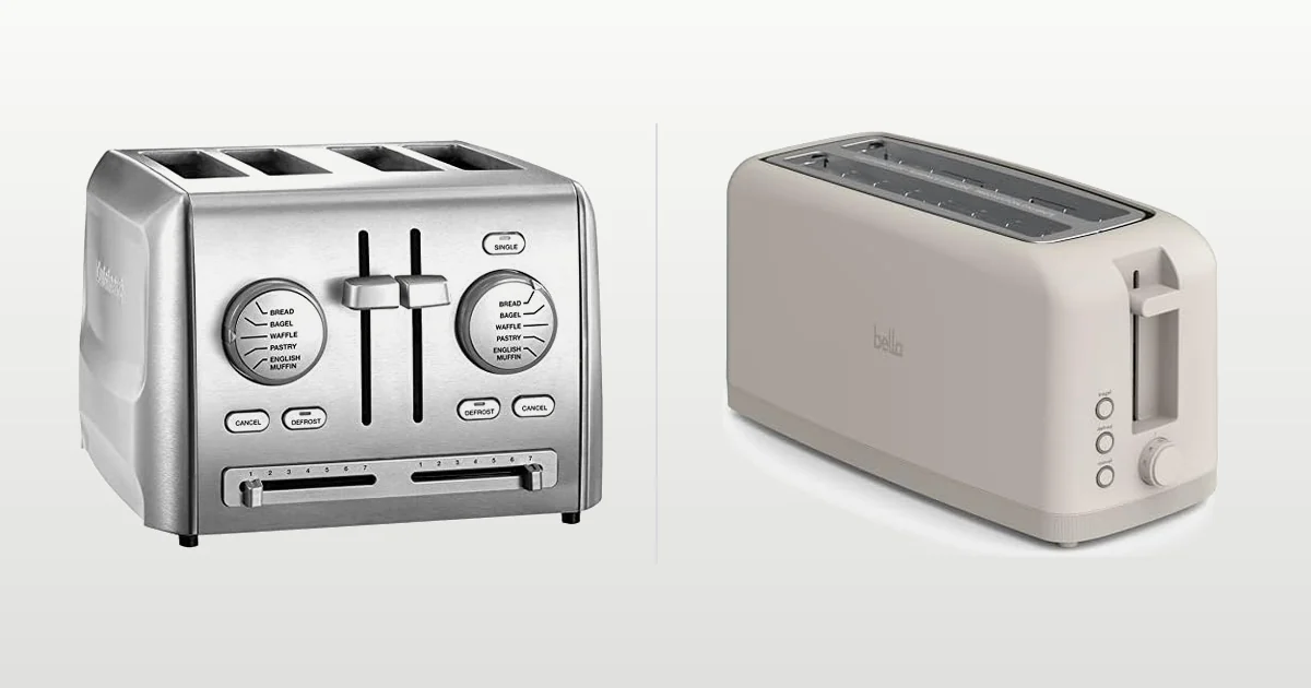 Cuisinart CPT-640P1 four slice toaster and BELLA slim four slice toaster compared side by side