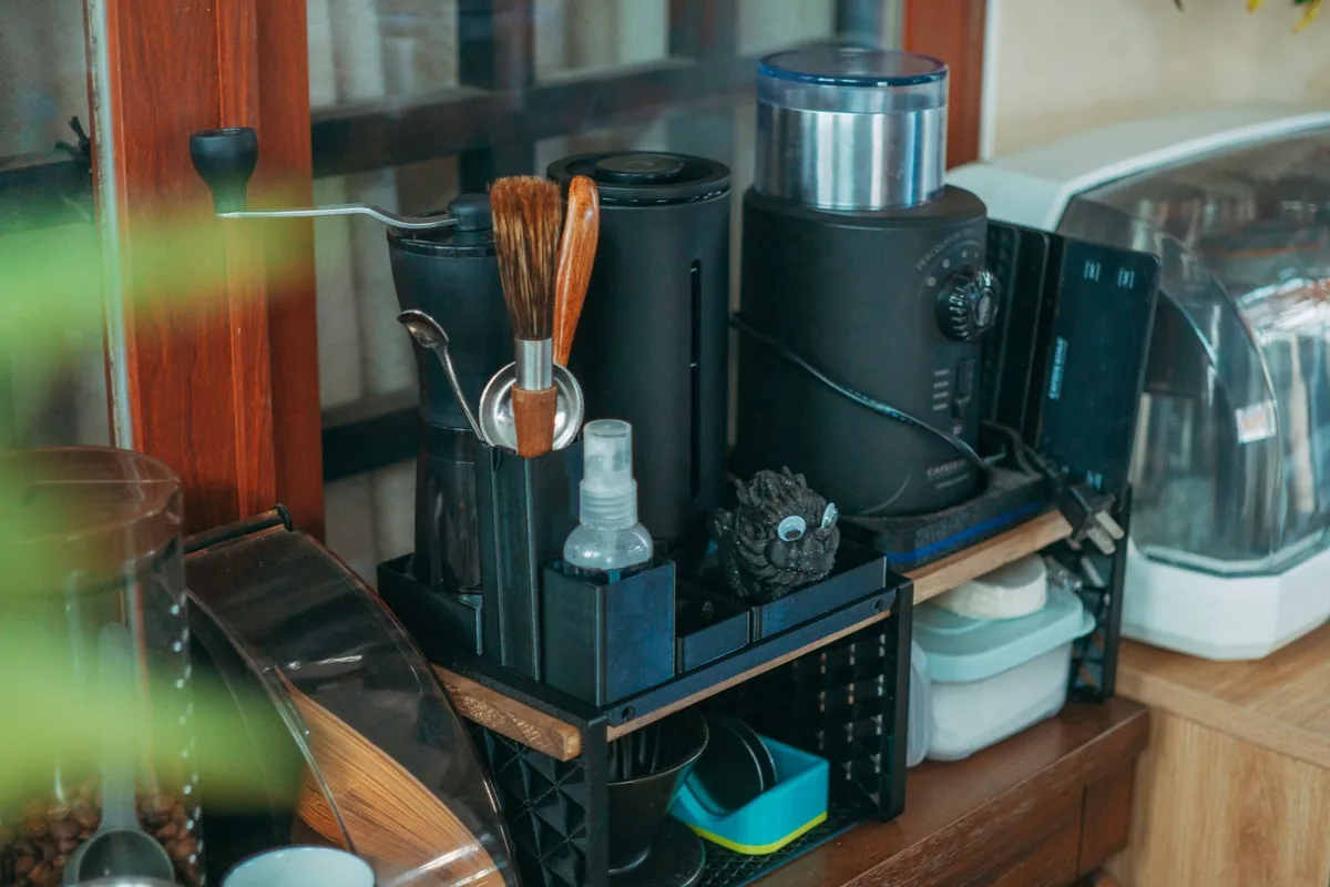 A burr grinder on a worktop