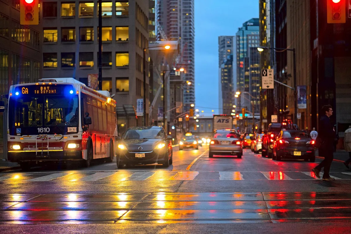 A city street in the evening