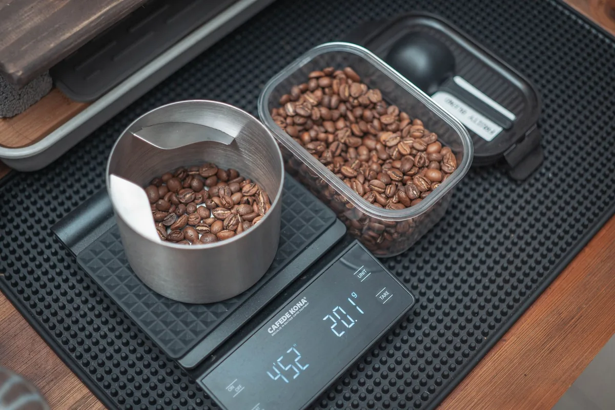 A digital scale reading grams