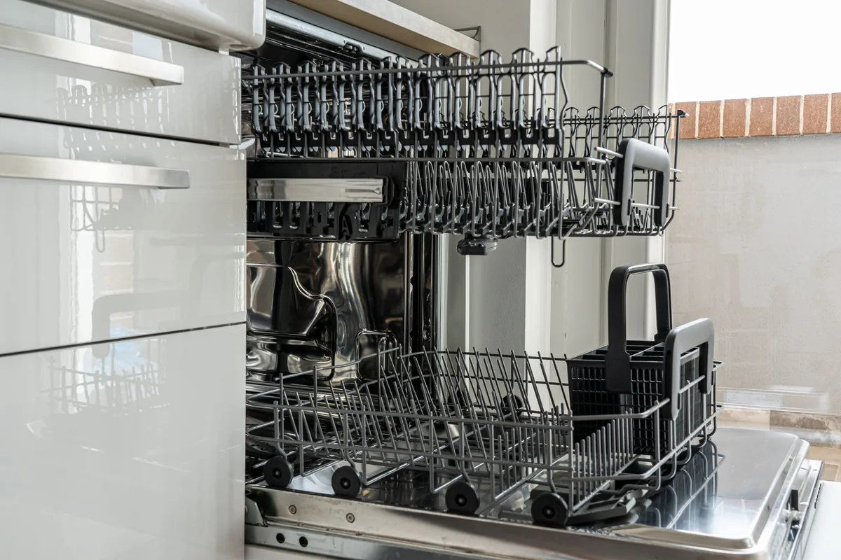 A dishwasher rack loaded