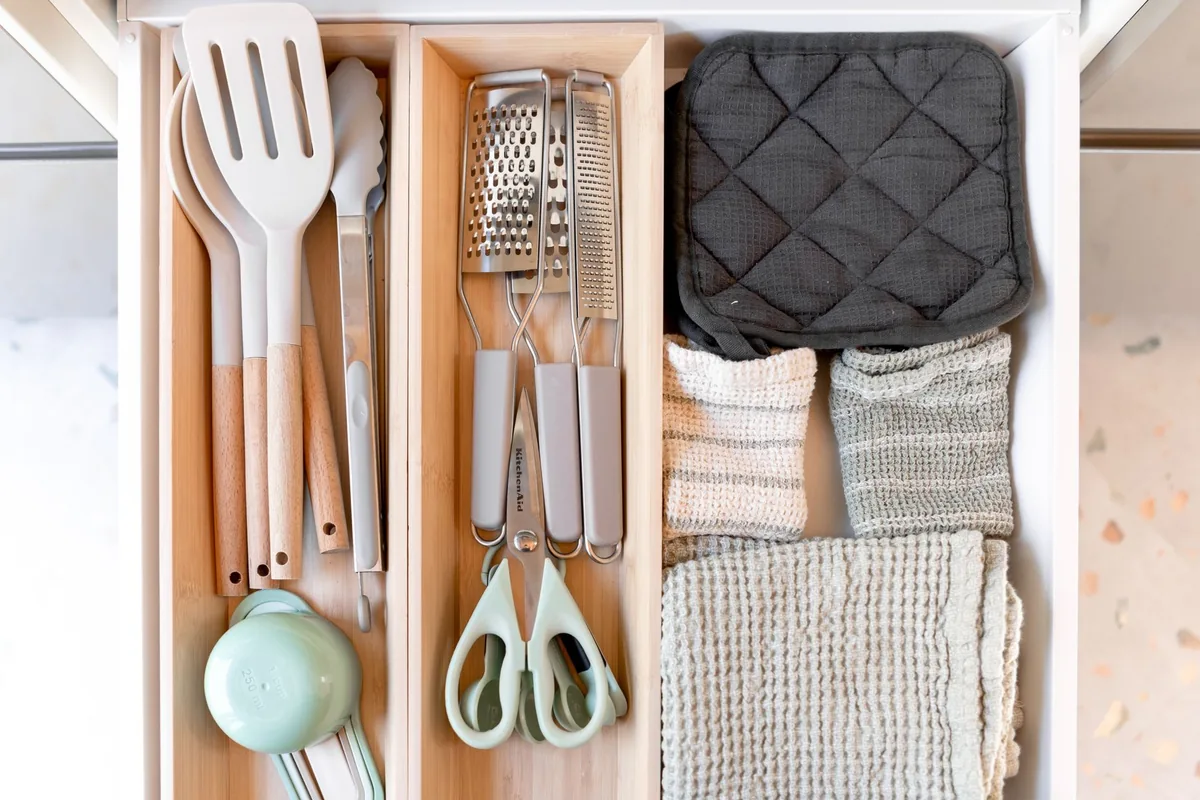 A drawer of kitchen tools
