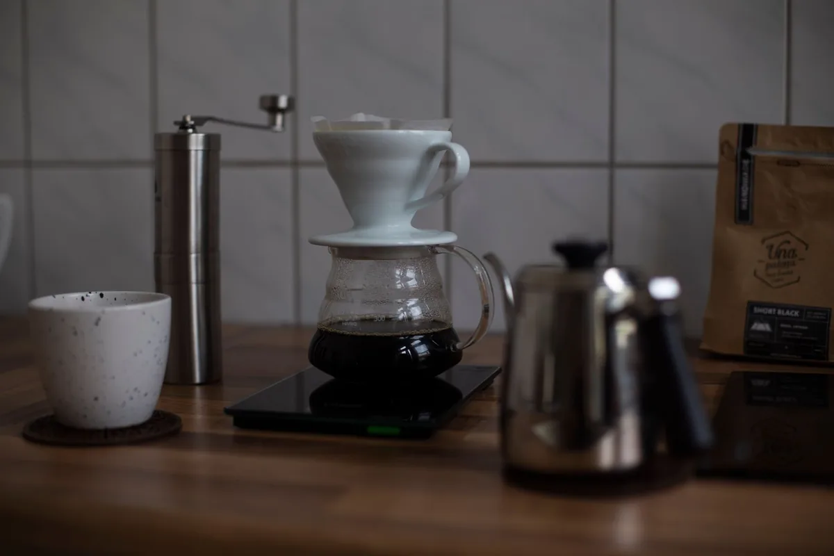 A kitchen scale under a coffee dripper