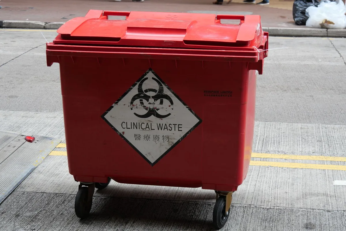 A sharps disposal container