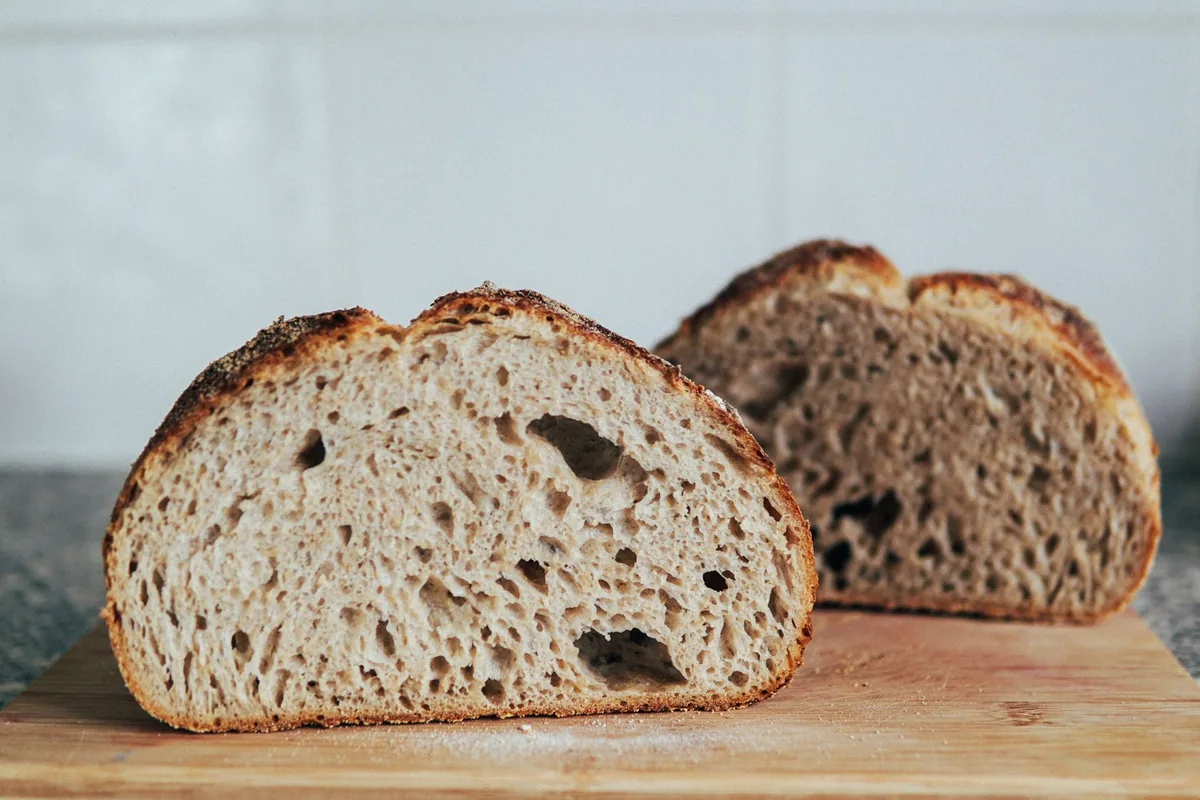 A sourdough loaf with an open crumb