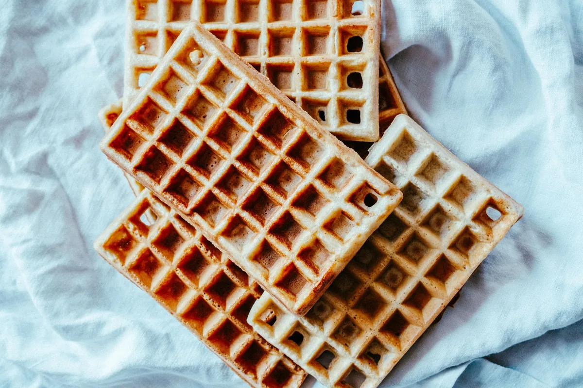 A stack of golden waffles