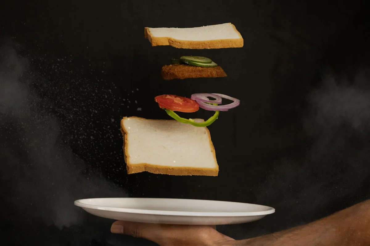 A stacked sandwich ready to press