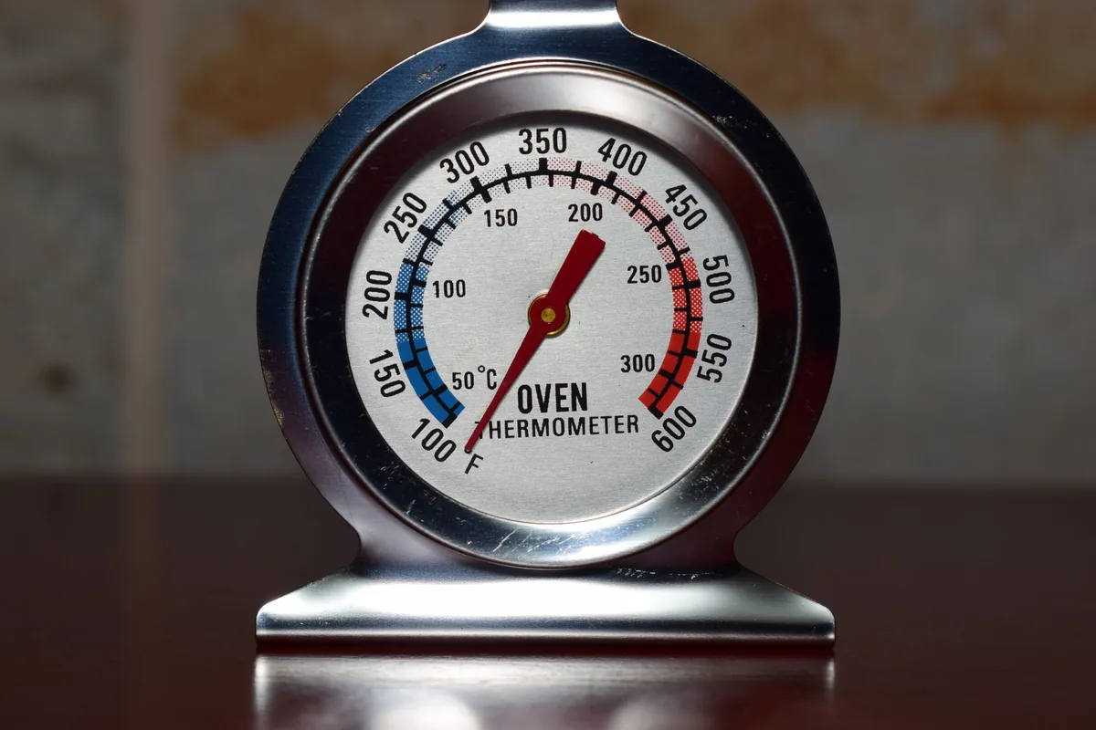 A thermometer probe in cooking meat