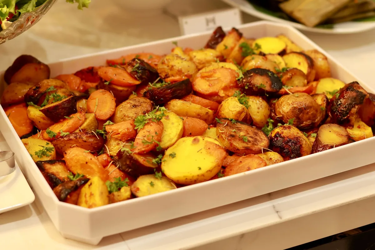 A tray of roasted vegetables