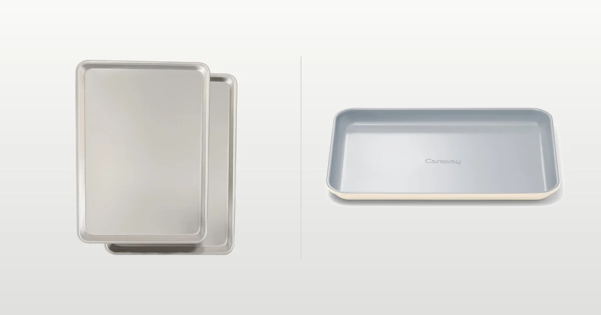 Umite Chef bare aluminium half sheet pans and the Caraway ceramic coated baking sheet compared side by side