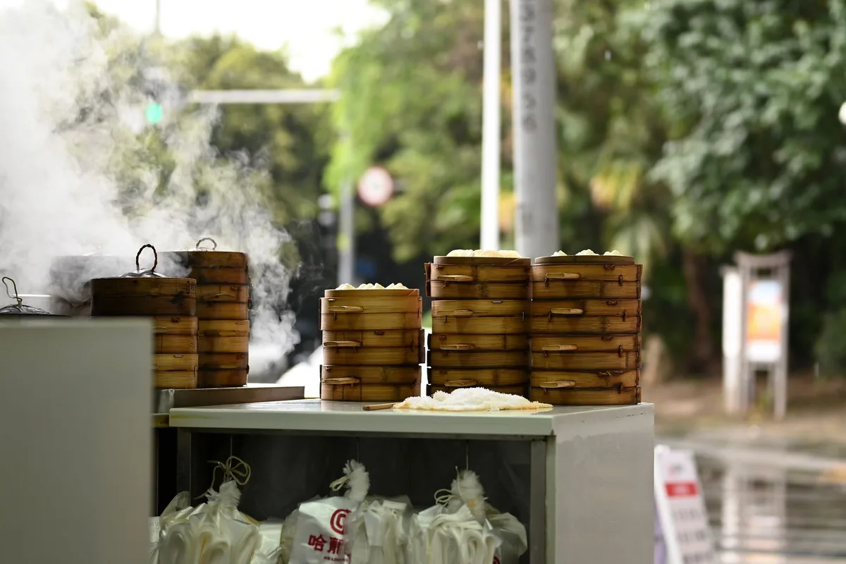 Bamboo baskets steaming at a street stall