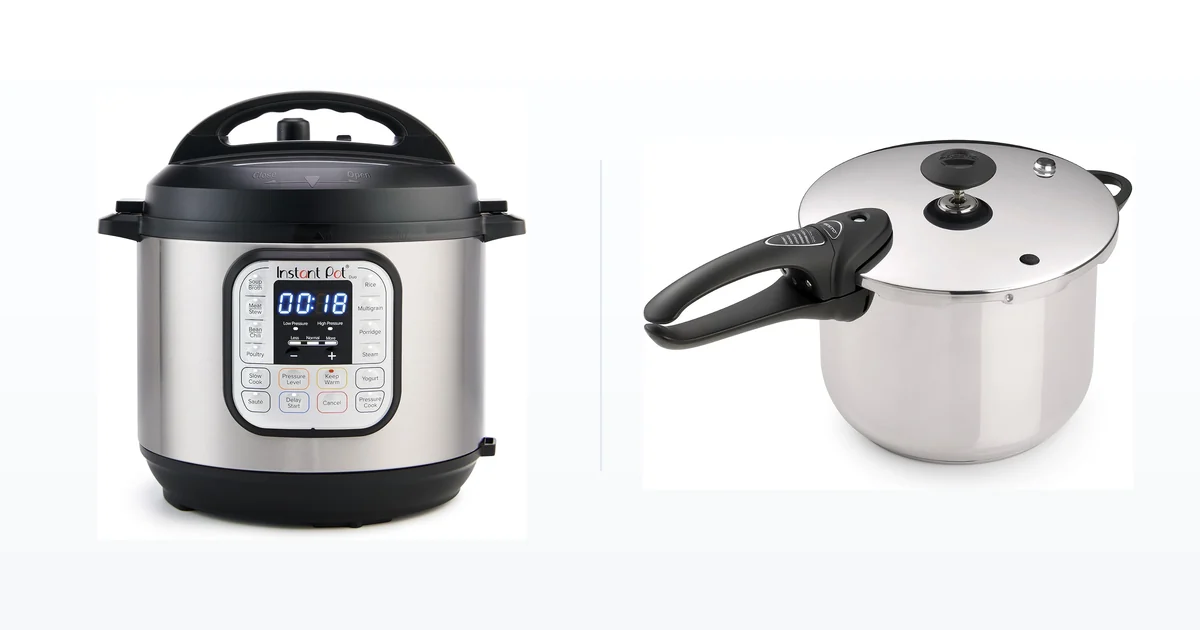 Instant Pot Duo electric pressure cooker beside a Presto stainless steel stovetop pressure cooker