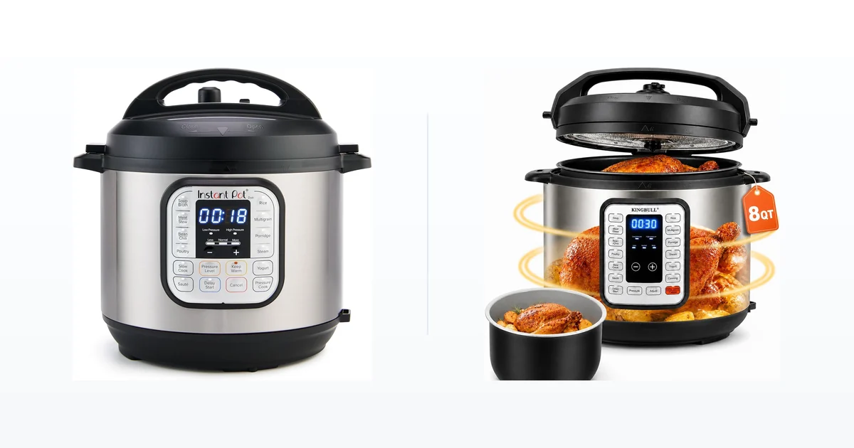 Instant Pot Duo electric pressure cooker beside a KINGBULL 8 quart pressure cooker