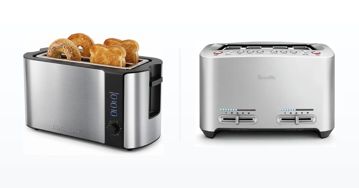 Elite Gourmet long slot toaster beside a Breville die-cast smart toaster