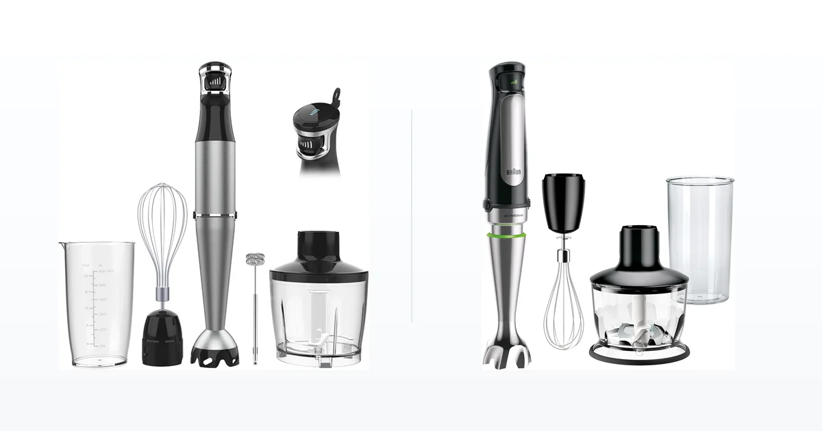 Turelar 5-in-1 and Braun MultiQuick 7 hand blender kits side by side with their whisk, chopper and beaker attachments