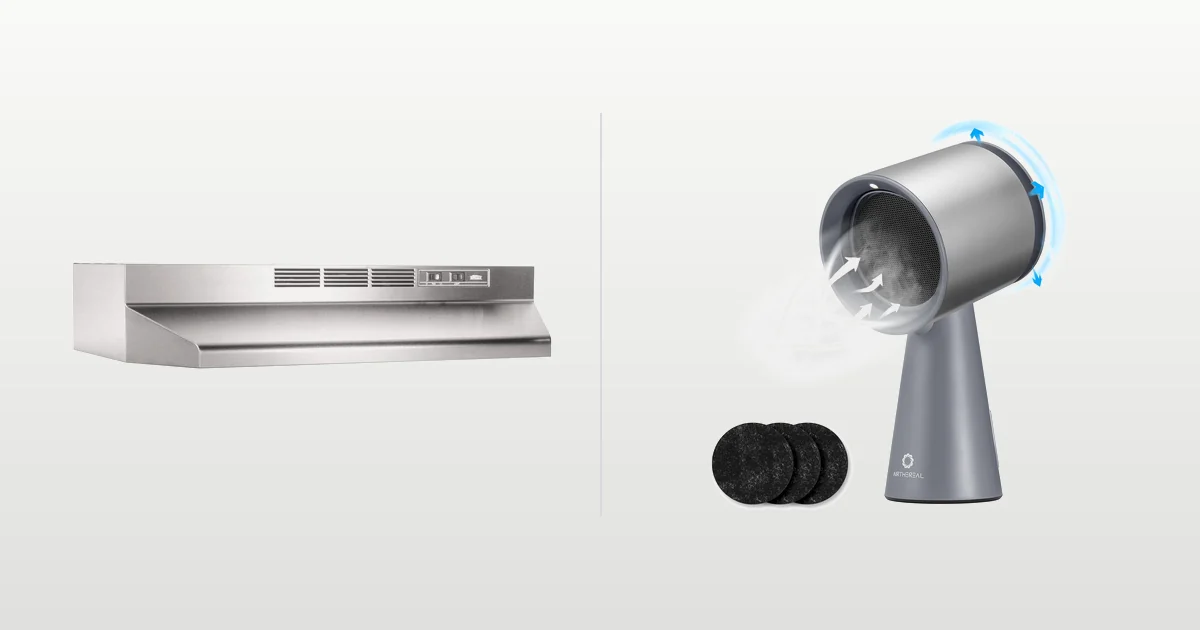 Broan-NuTone non-ducted range hood beside an AIRTHEREAL portable range hood