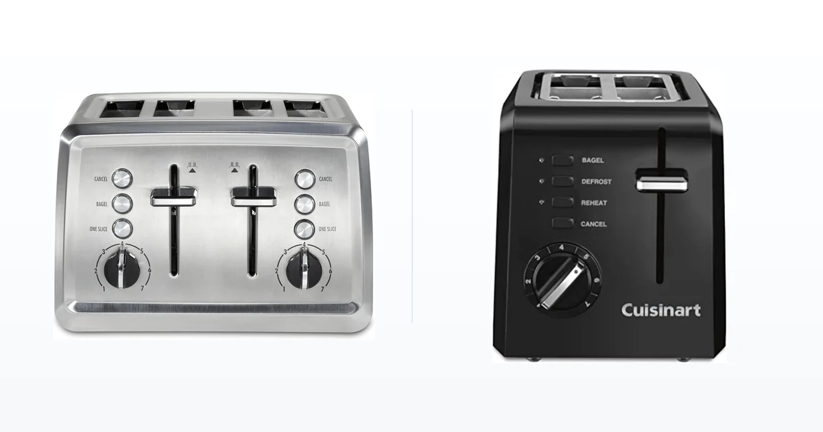 Hamilton Beach 4 slice toaster beside a Cuisinart compact 2 slice toaster