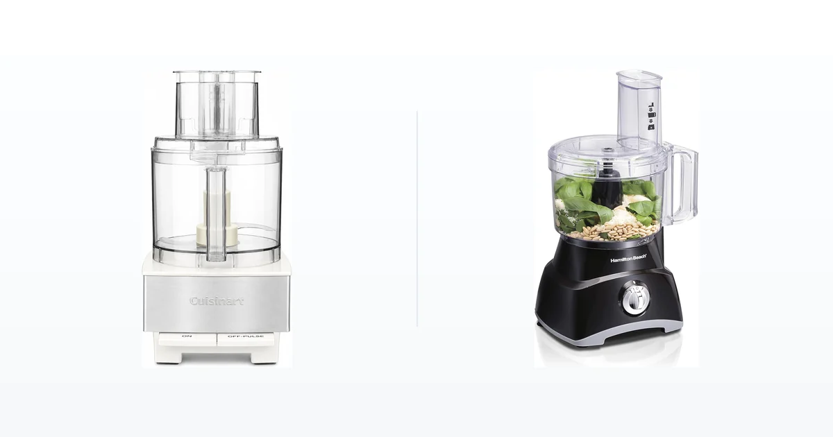 Cuisinart 14 cup food processor beside a Hamilton Beach 8 cup food processor