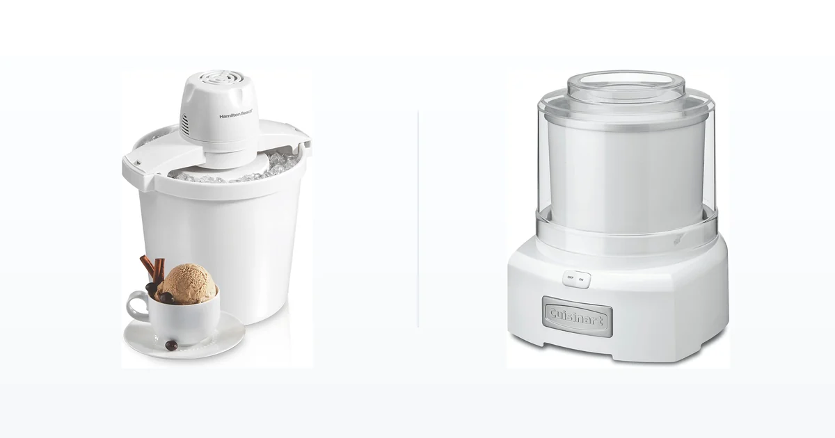 Hamilton Beach ice cream and frozen yogurt maker beside a Cuisinart freezer bowl machine