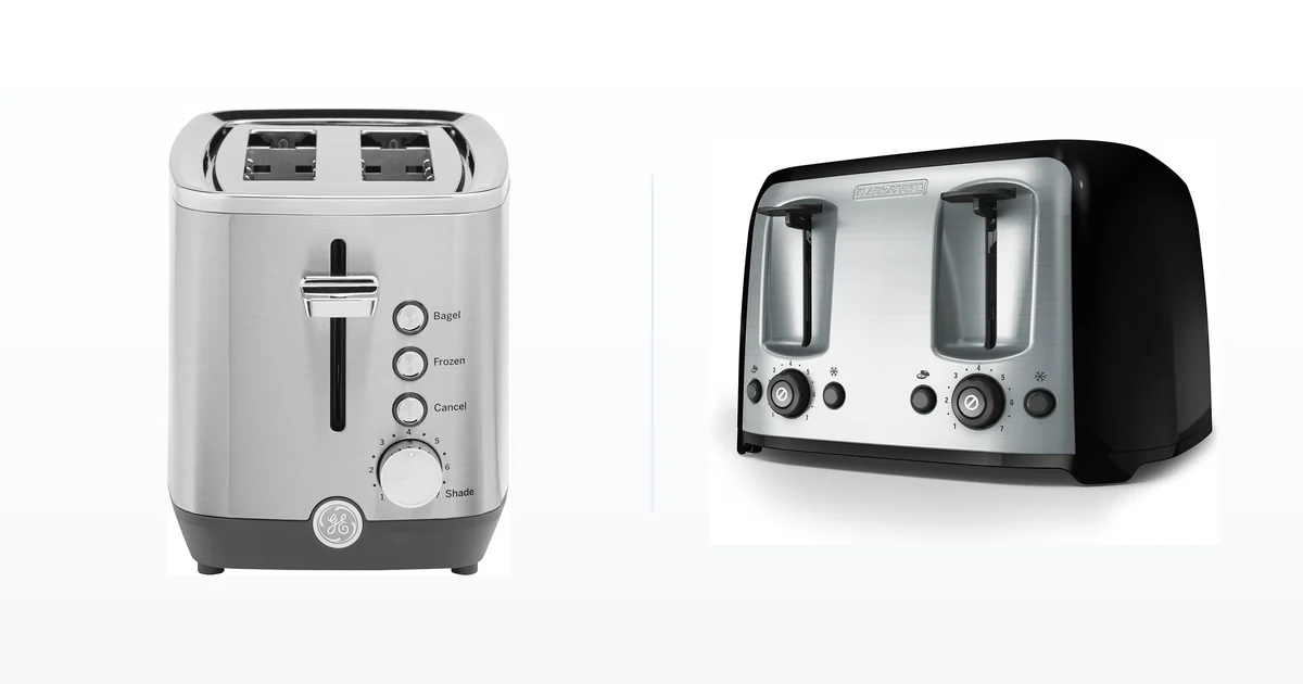 GE 2 slice stainless toaster beside a BLACK and DECKER 4 slice toaster