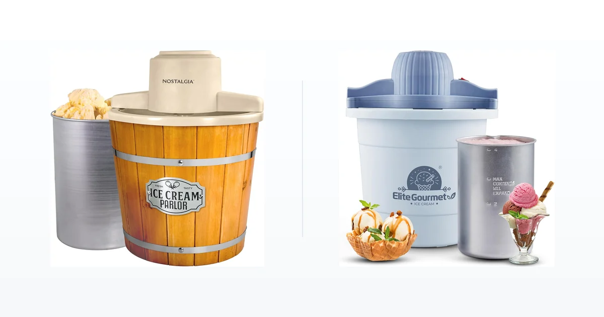 Nostalgia electric ice cream maker beside an Elite Gourmet ice cream maker