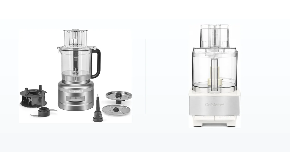 KitchenAid 13 cup food processor beside a Cuisinart 14 cup food processor