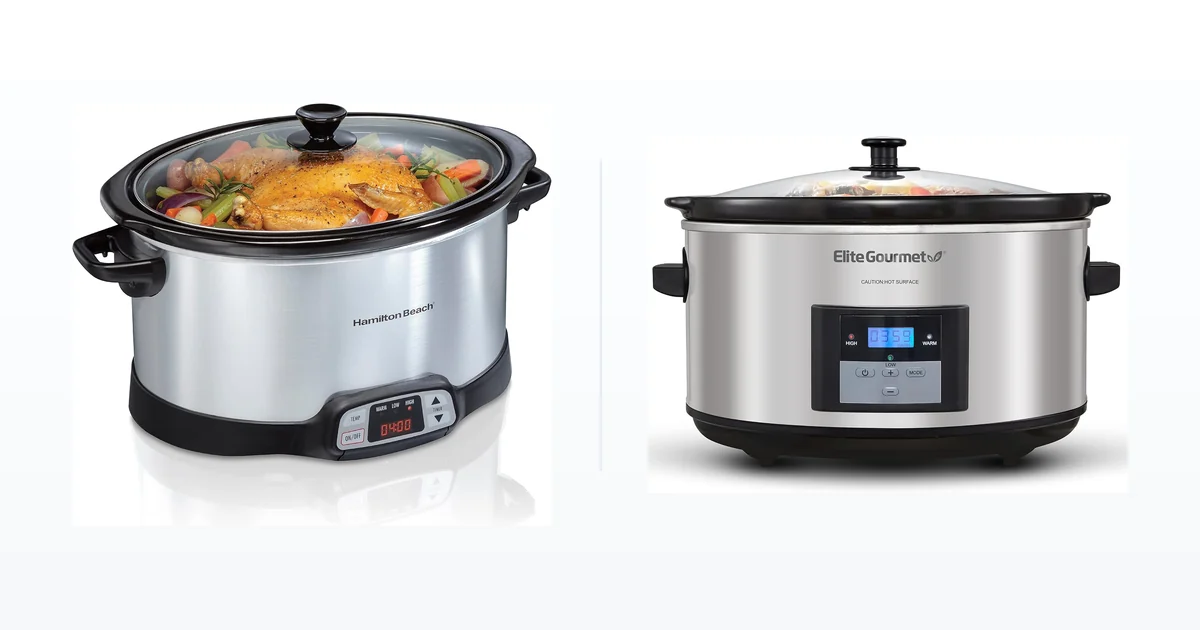 Hamilton Beach 8 quart programmable slow cooker beside an Elite Gourmet 8.5 quart slow cooker