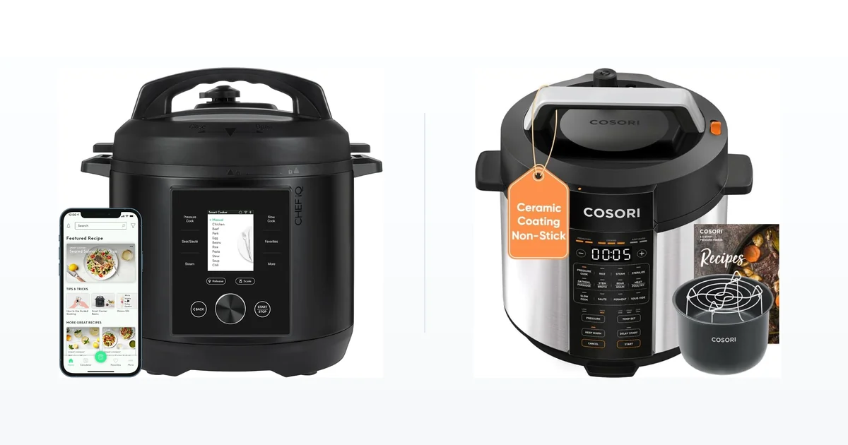 CHEF iQ smart pressure cooker beside a COSORI 9-in-1 electric pressure cooker