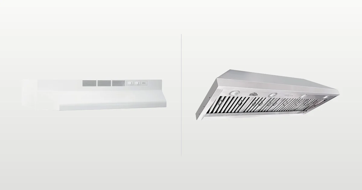 Broan-NuTone range hood with replaceable bulb beside a SINDA insert range hood