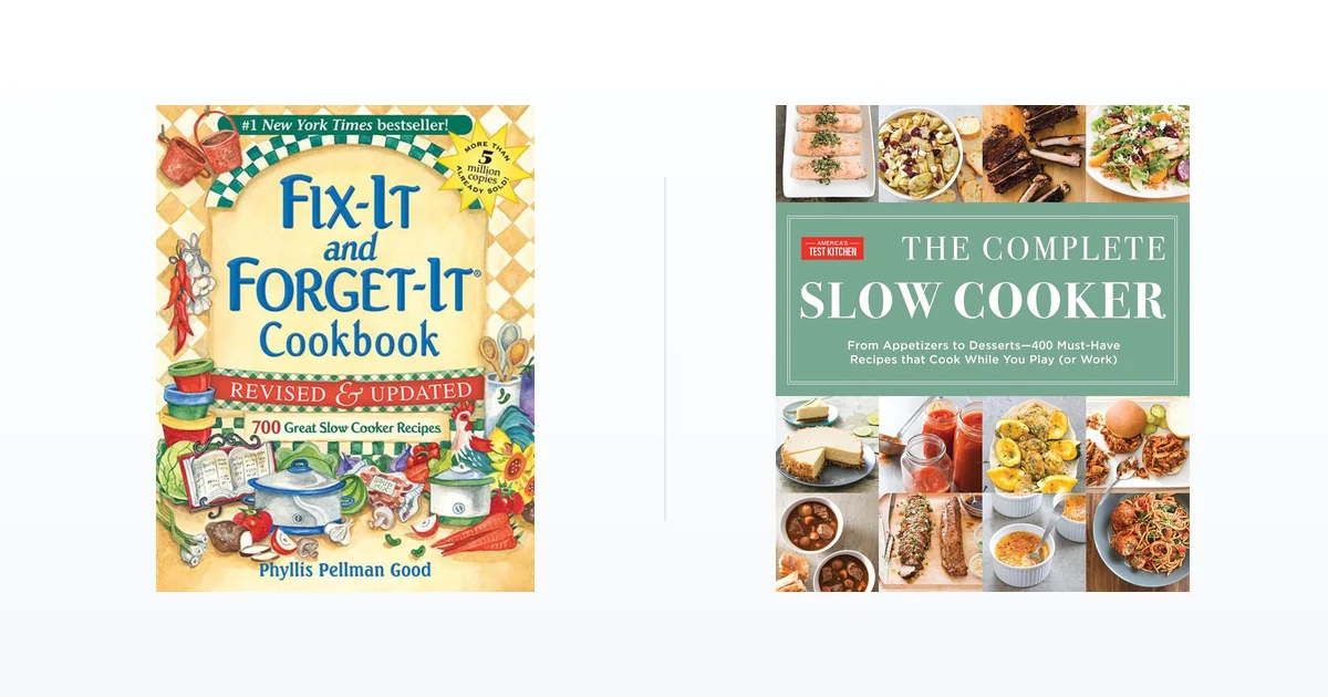 Fix-It and Forget-It slow cooker cookbook beside The Complete Slow Cooker by America's Test Kitchen