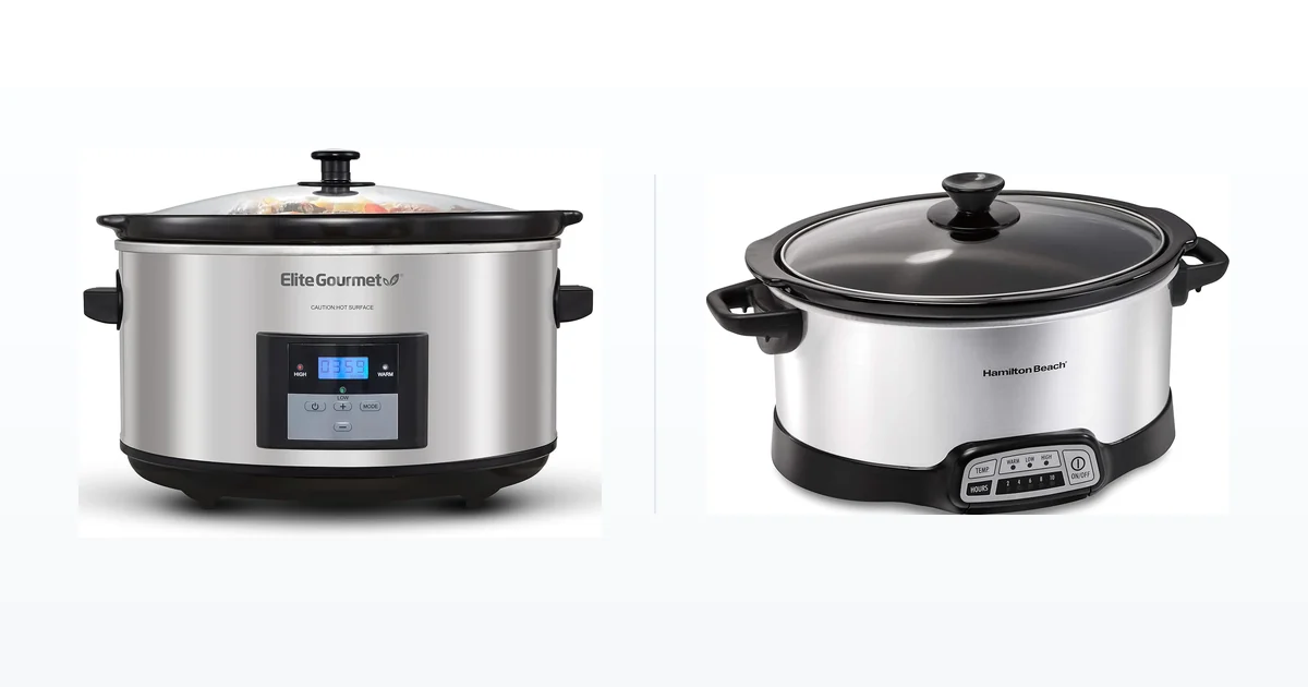 Elite Gourmet oval slow cooker beside a Hamilton Beach Set and Forget slow cooker