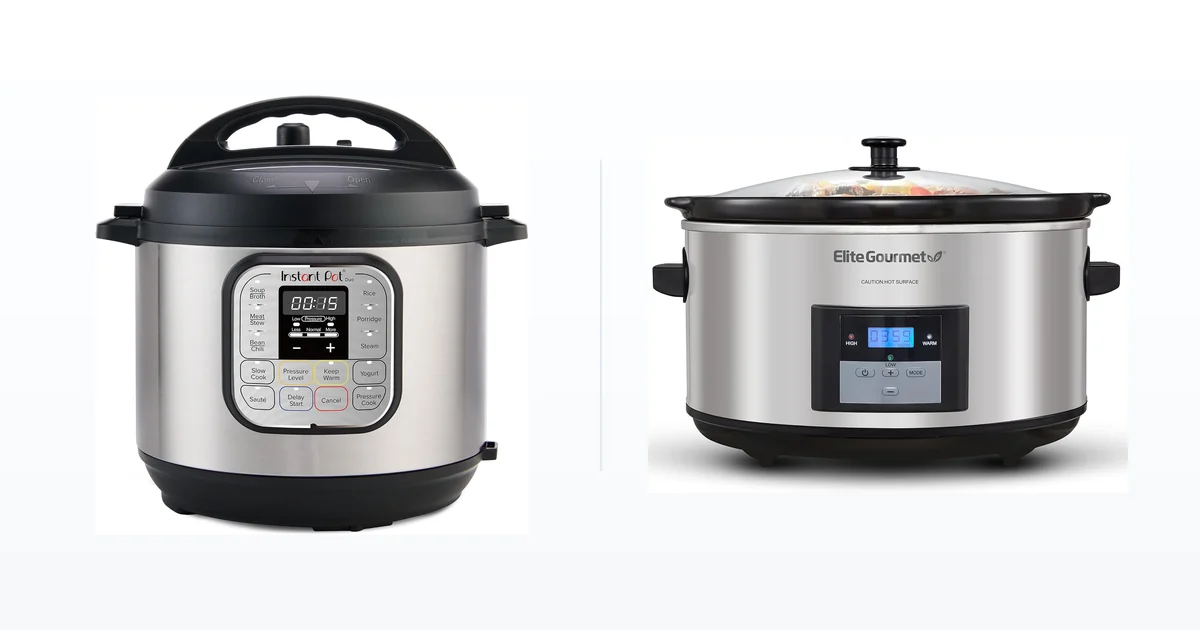 Instant Pot Duo Mini multi-cooker beside an Elite Gourmet 8.5 quart slow cooker