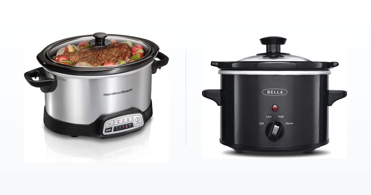 Hamilton Beach 4 quart programmable slow cooker beside a Bella 1.5 quart mini slow cooker