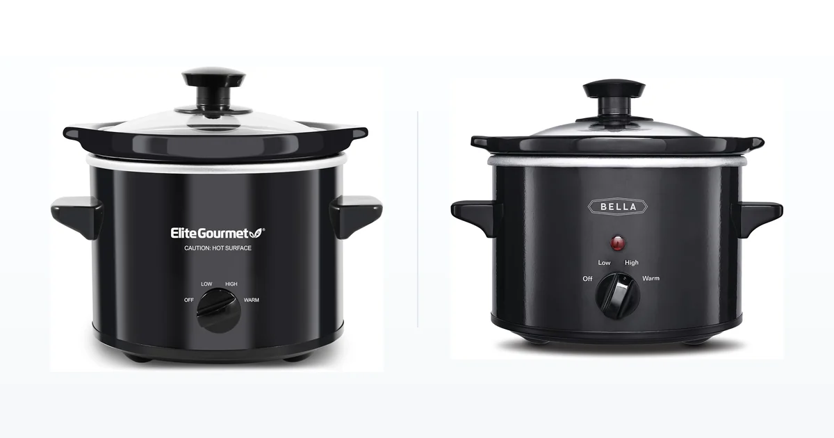 Elite Gourmet 2 quart slow cooker beside a Bella 1.5 quart mini slow cooker