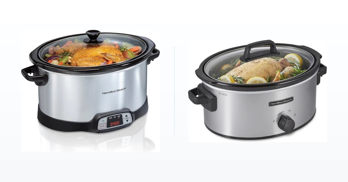 Hamilton Beach 8 quart programmable slow cooker beside a Hamilton Beach 6 quart slow cooker