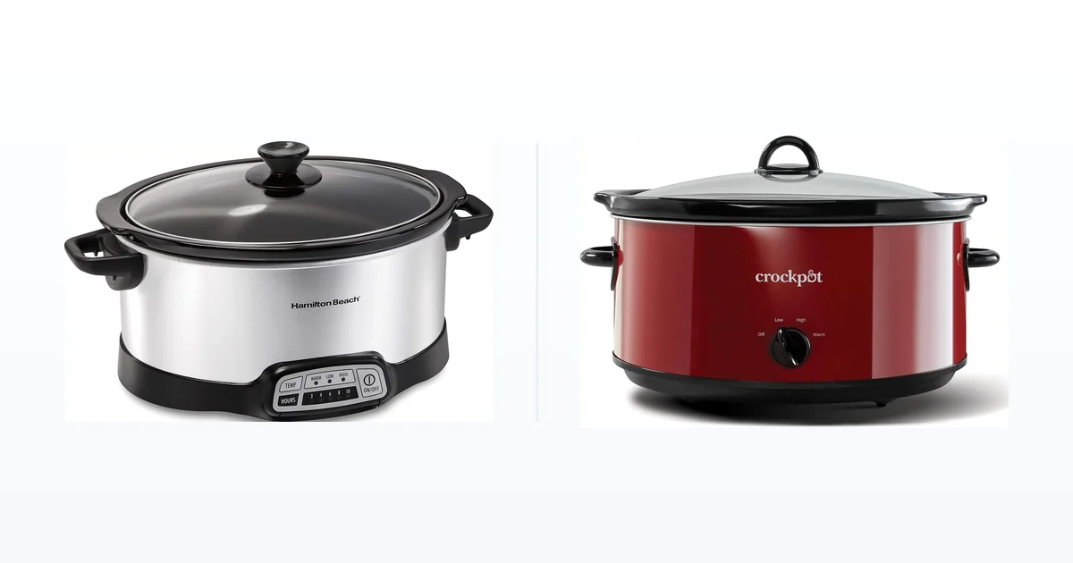 Hamilton Beach Set and Forget slow cooker beside a Crock-Pot 8 quart manual slow cooker