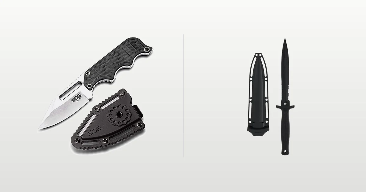SOG Instinct single edged boot knife and Schrade double edged Needle Magnum compared side by side