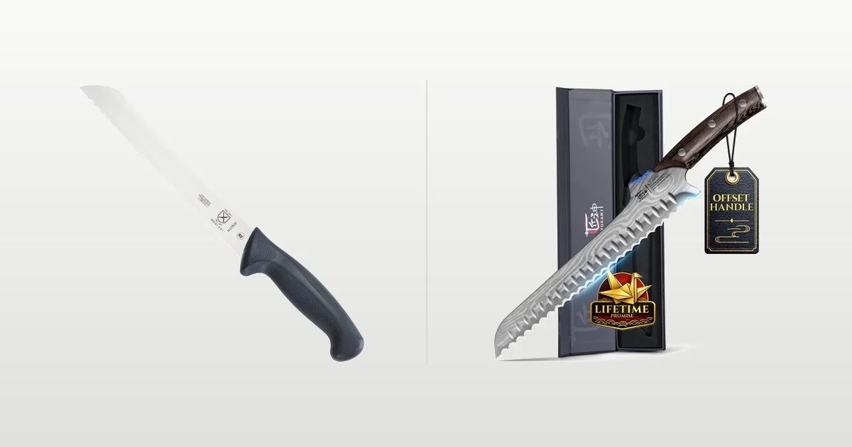 Mercer Culinary Millennia wavy edge bread knife and SYOKAMI offset bread knife compared side by side
