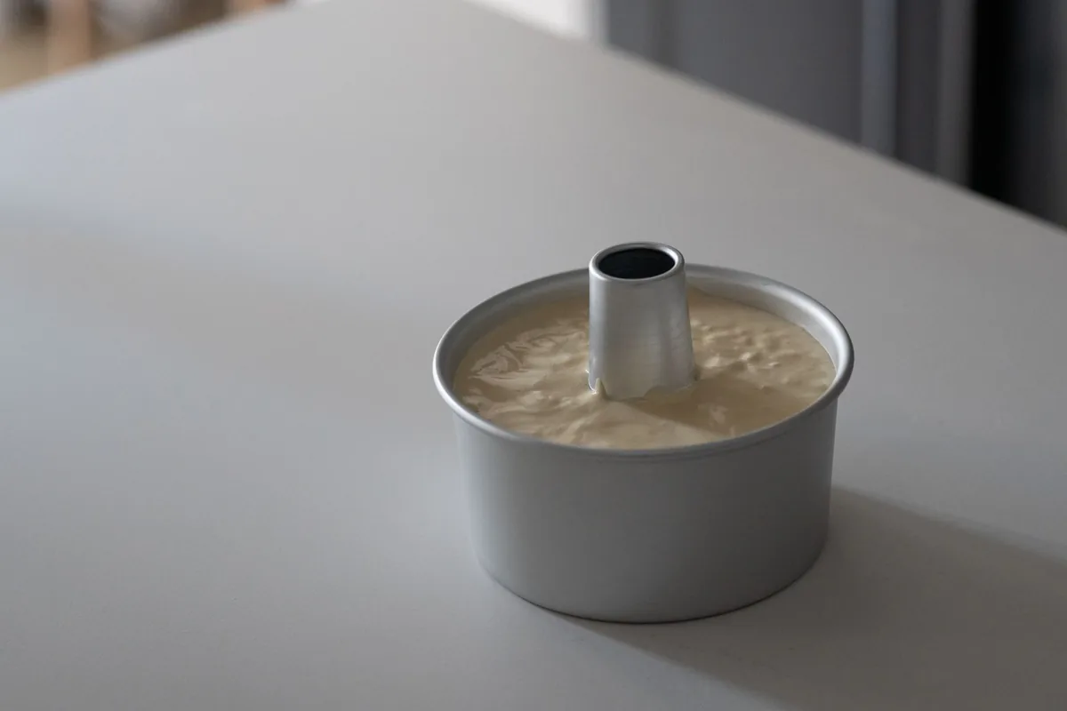 Cake batter being poured into a tin