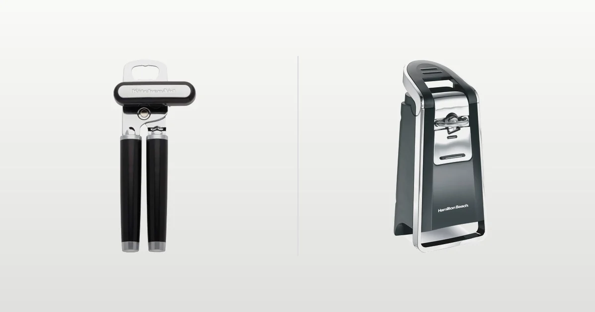 KitchenAid Classic manual can opener and Hamilton Beach Smooth Touch electric can opener compared side by side