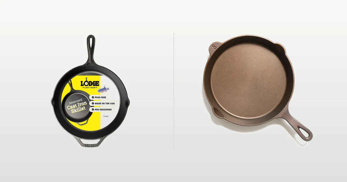 Lodge 12-inch sand-cast skillet and Lancaster machined lightweight skillet compared side by side