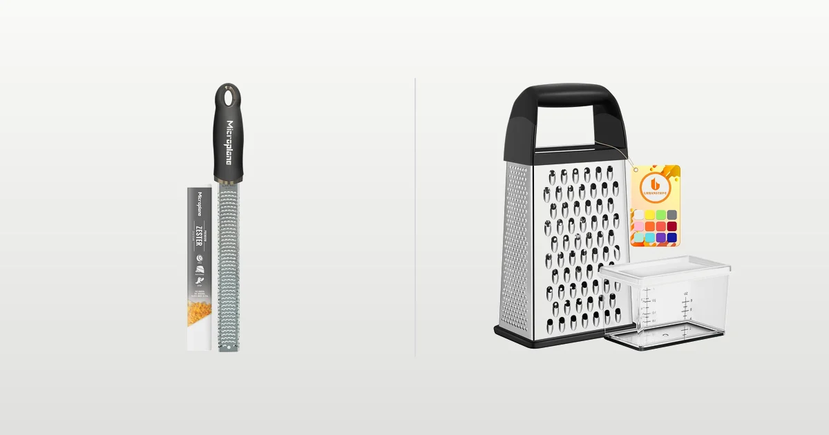 Microplane Premium Classic zester and Urbanstrive box grater compared side by side