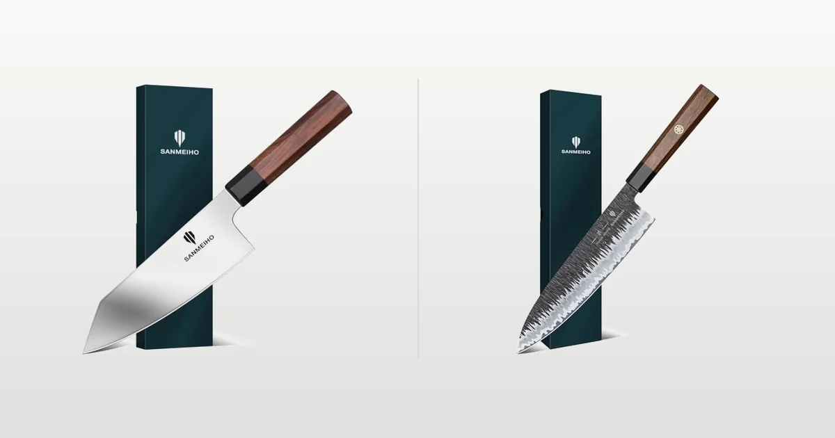 SANMEIHO 6 inch chef knife for small hands beside an 8 inch gyuto with a straight handle