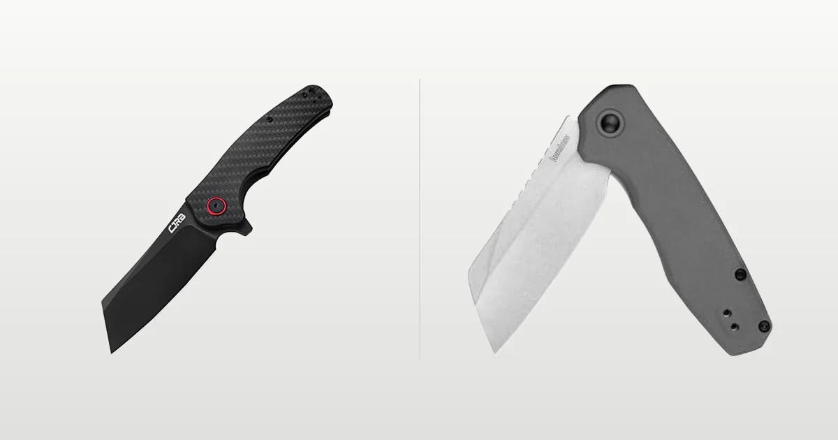CJRB Crag cleaver folding knife beside a Kershaw Wharf cleaver point pocket knife