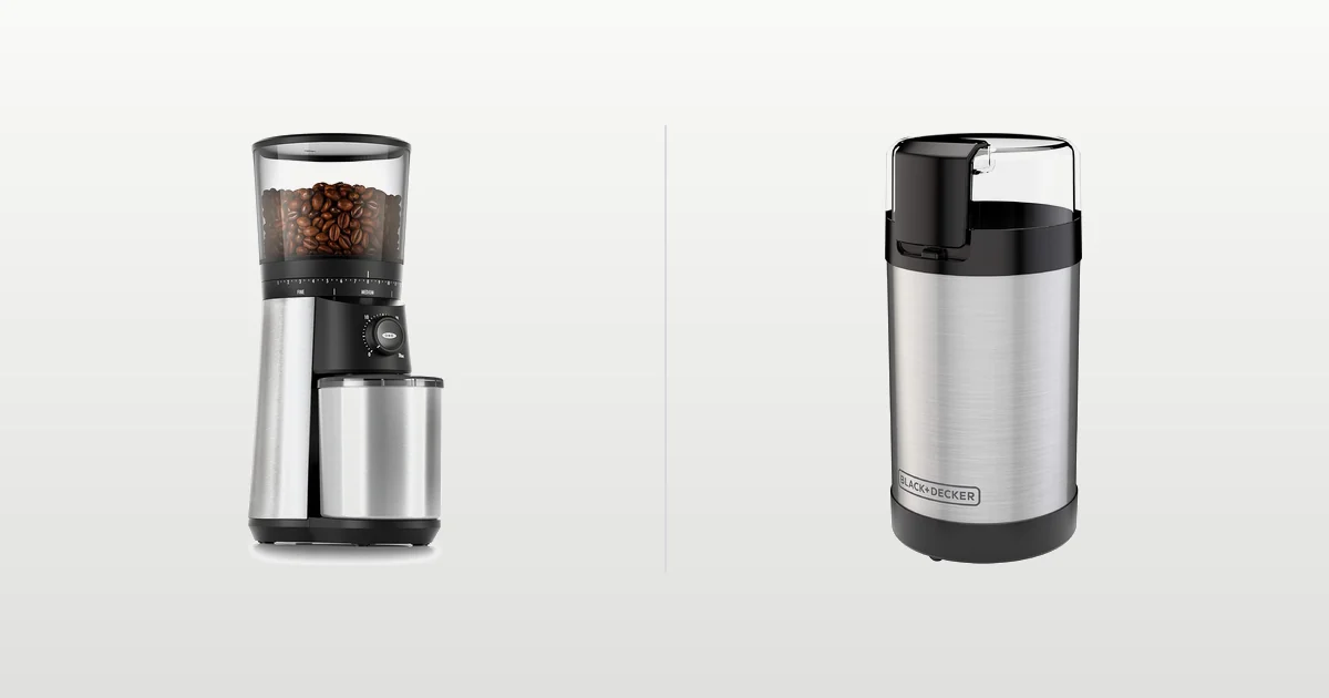 OXO Brew conical burr grinder and BLACK+DECKER blade grinder compared side by side