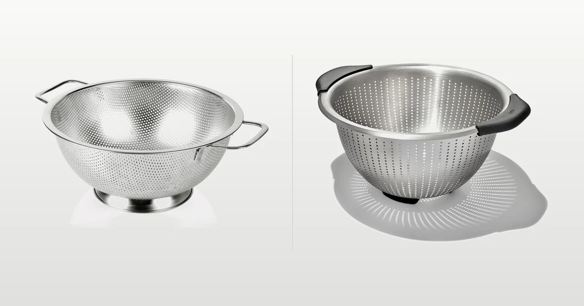 Gulex three quart stainless colander and OXO Good Grips five quart colander compared side by side