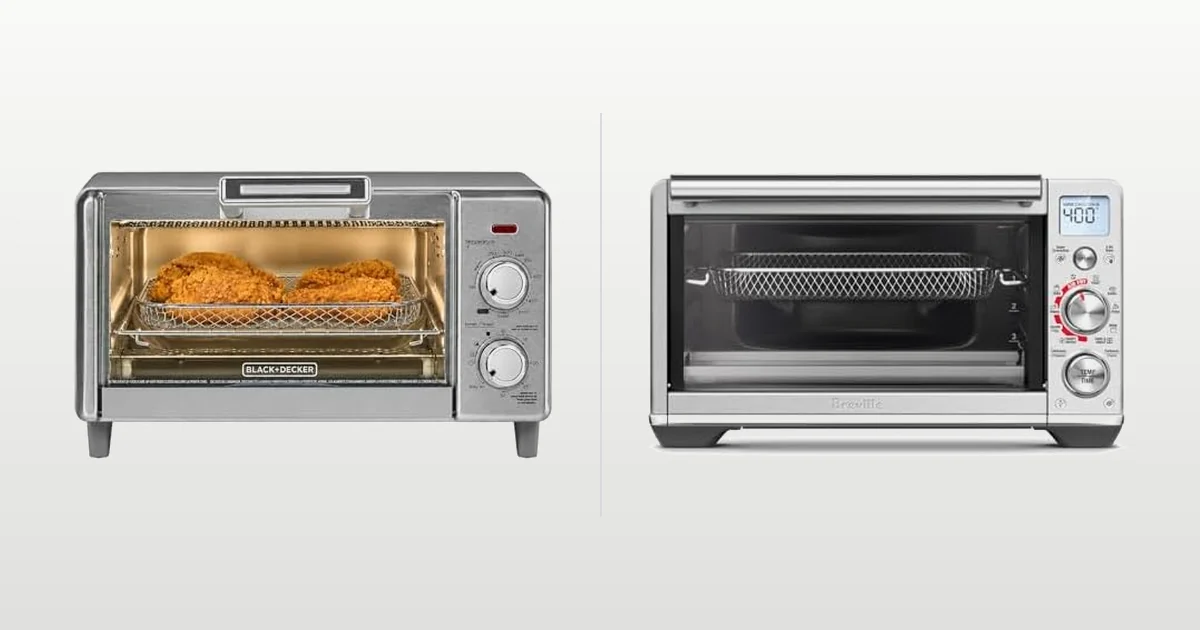 BLACK+DECKER 4-slice air fry toaster oven beside a Breville Smart Oven Air Fryer Compact