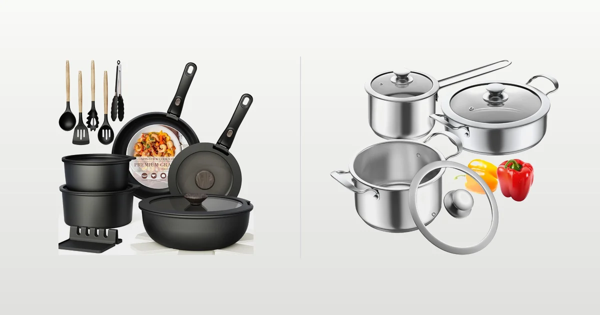 Astercook 21-piece ceramic set and a stainless steel 6-piece set compared side by side
