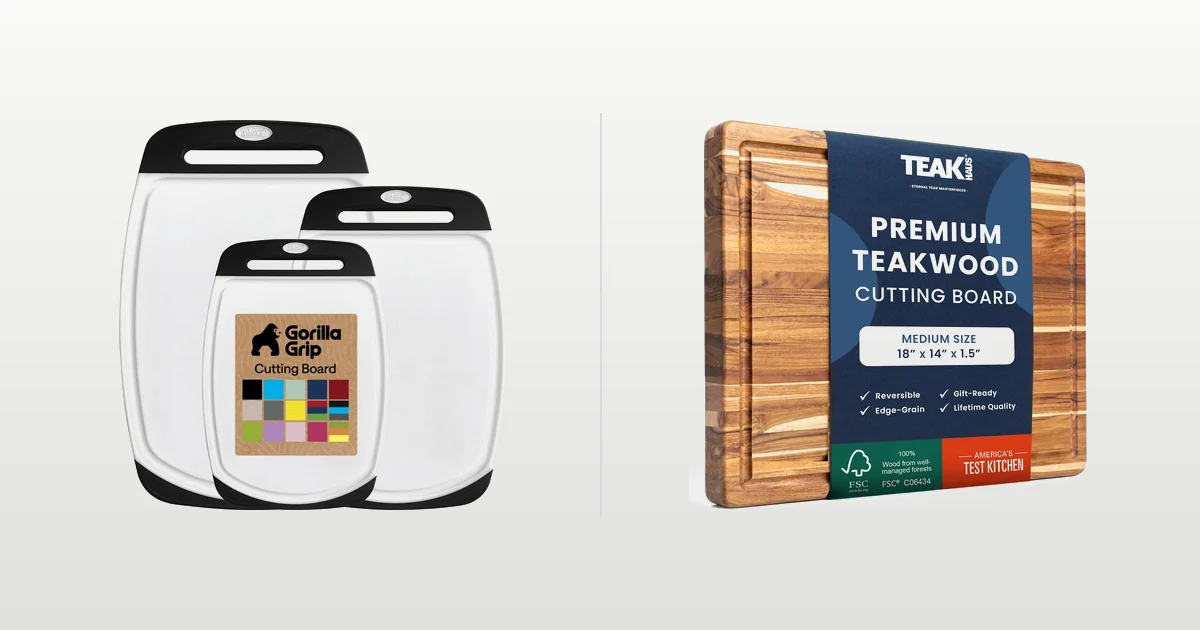 Gorilla Grip reversible plastic cutting board set and Teakhaus teak carving board compared side by side